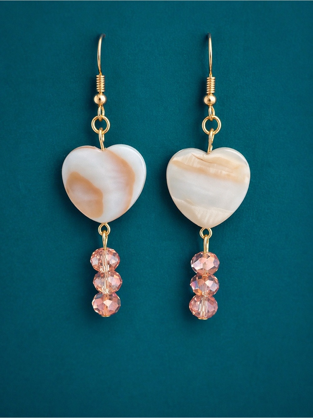 Hand Crafted Gold Heart Shell Drop Earrings with Pink Beads